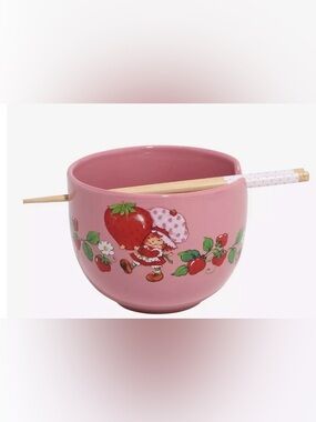 Strawberry Shortcake Pink 20oz Ceramic Ramen Bowl with Chopsticks- New